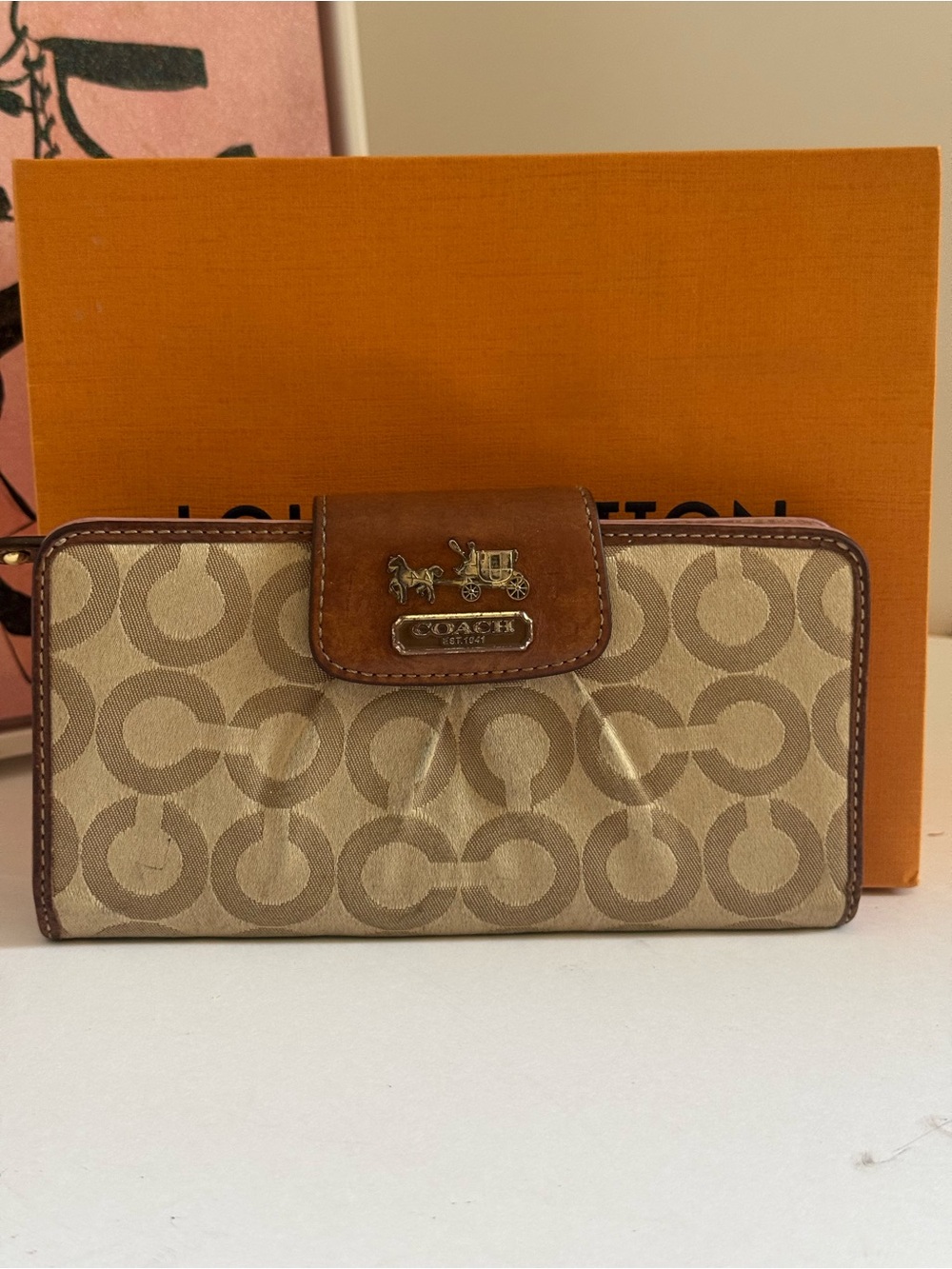 Coach Beige Signature Continental Wallet with Brown Leather Trim